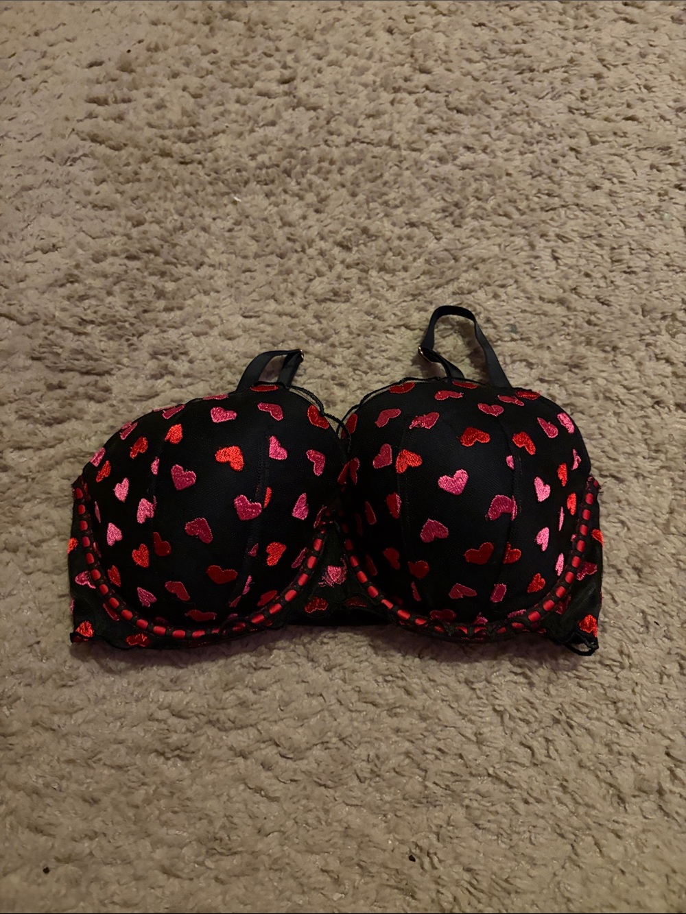 Victoria Secret Black Bra with Pink & Red Heart Print